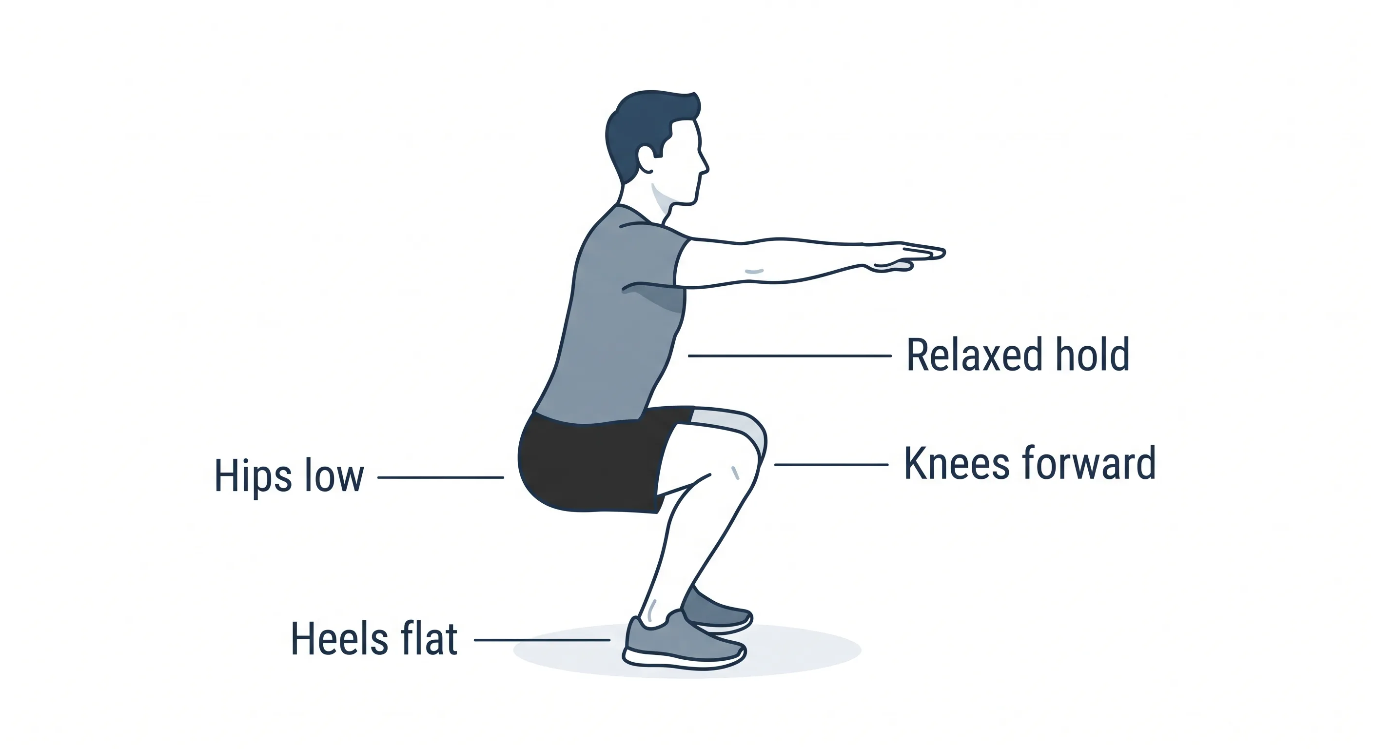 Labeled side-view squat cues: heels flat, hips low, knees forward, relaxed hold — teaching diagram, not maximum resting depth