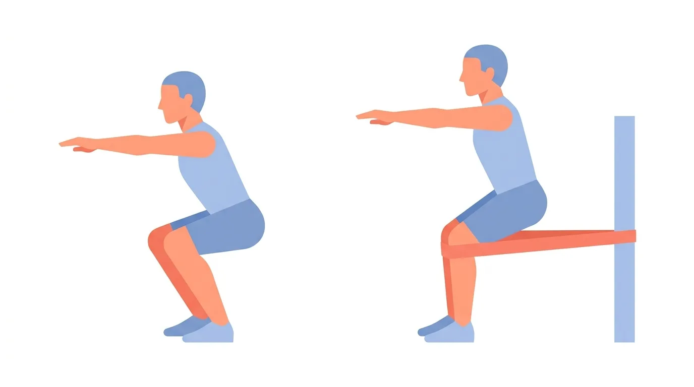 Side-by-side comparison: regular bodyweight squat (left, shins angled forward) vs Spanish squat (right, band behind knees keeping shins vertical)