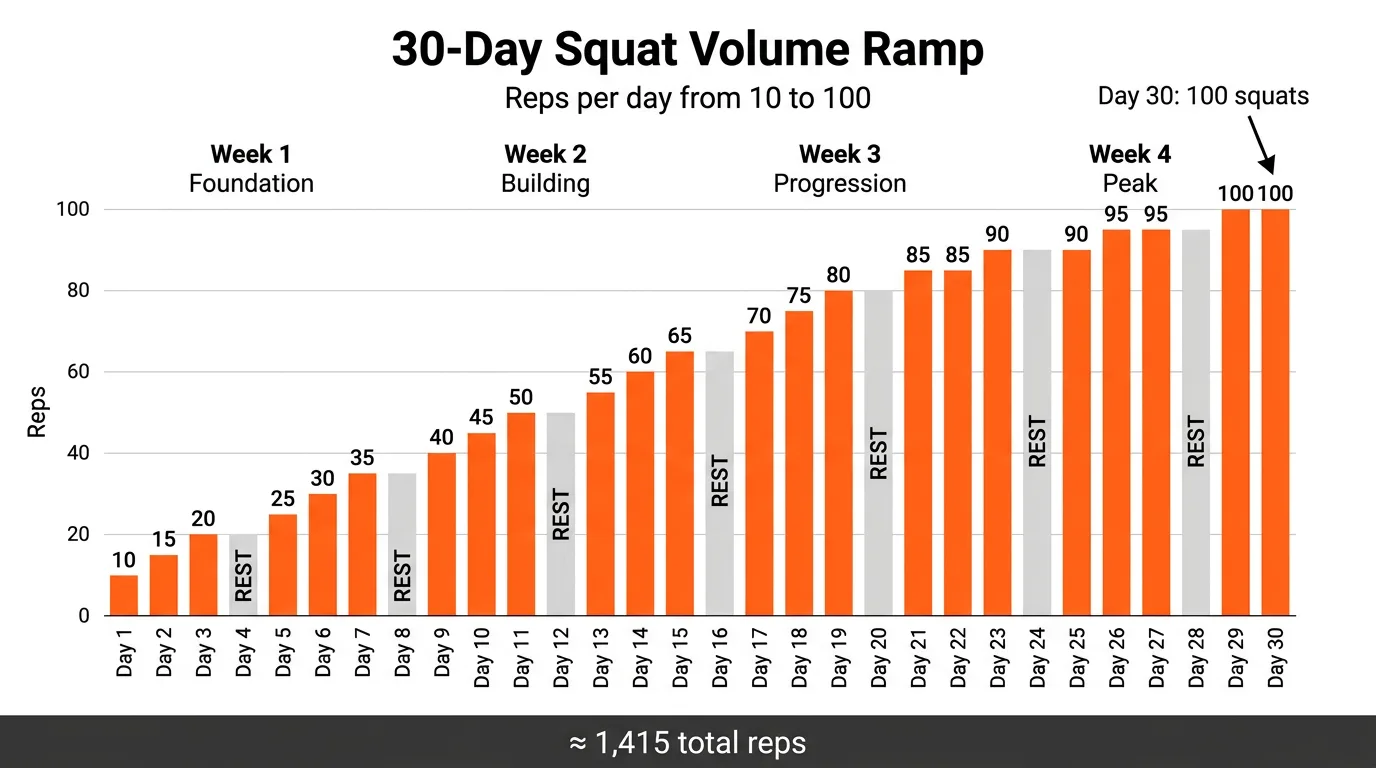 Bar chart of daily squat volume ramping from 10 to 100 reps over 30 days with rest days marked