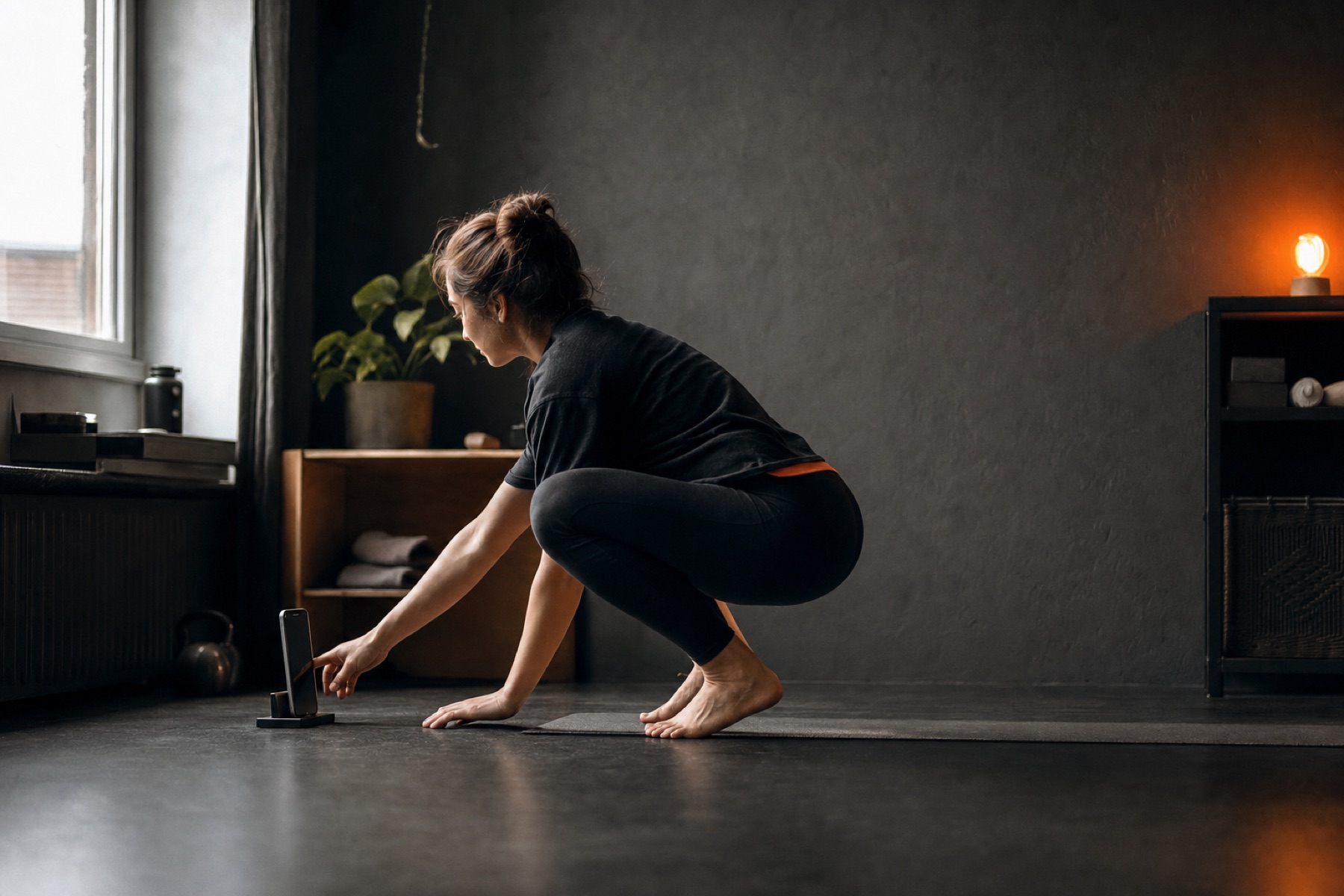 A beginner placing a phone on a low stand before an at-home squat workout