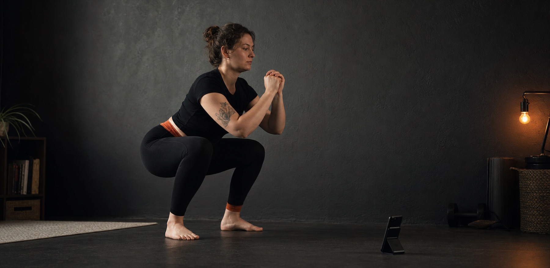 A beginner completing a controlled bodyweight squat while a phone observes the workout