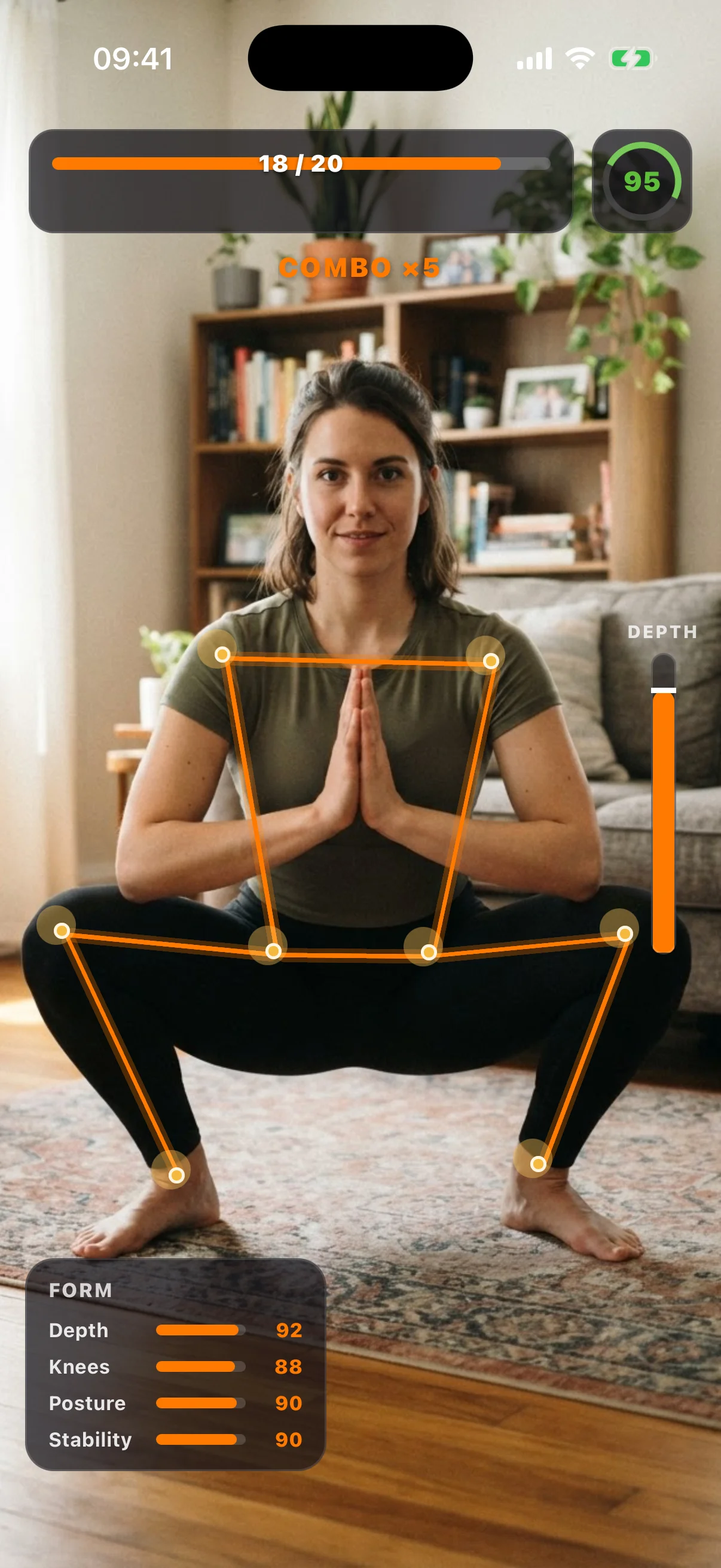 MeshyFit workout screen with live camera tracking and automatic rep counter