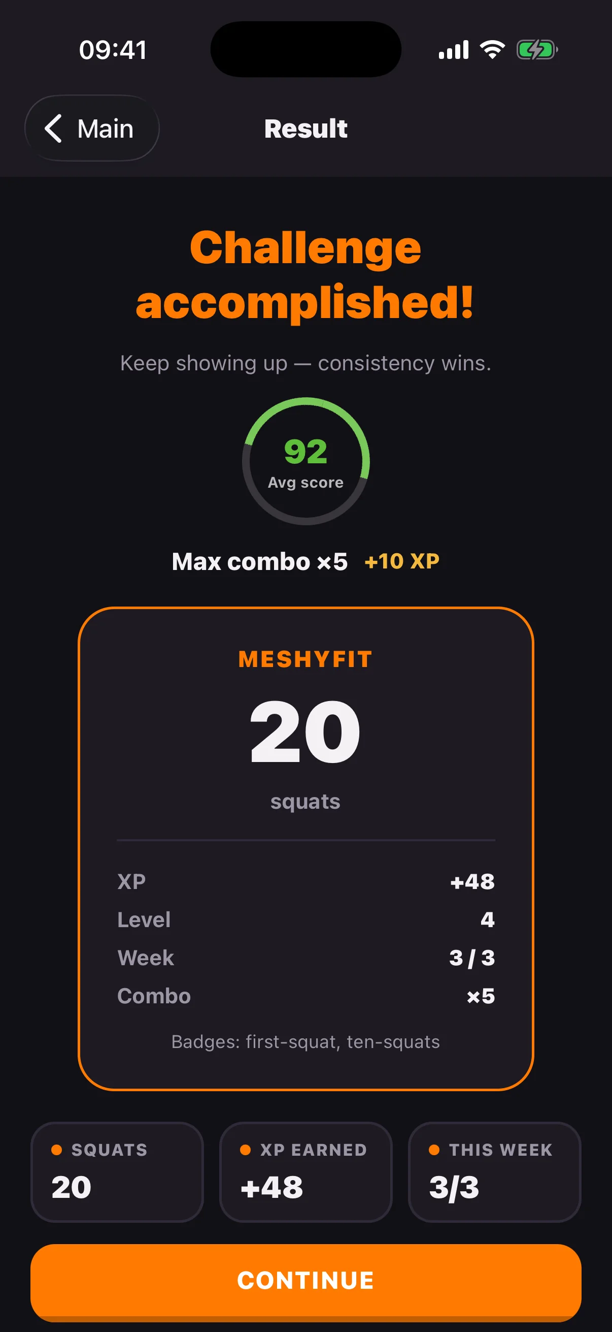 MeshyFit workout summary screen with score breakdown and XP reward