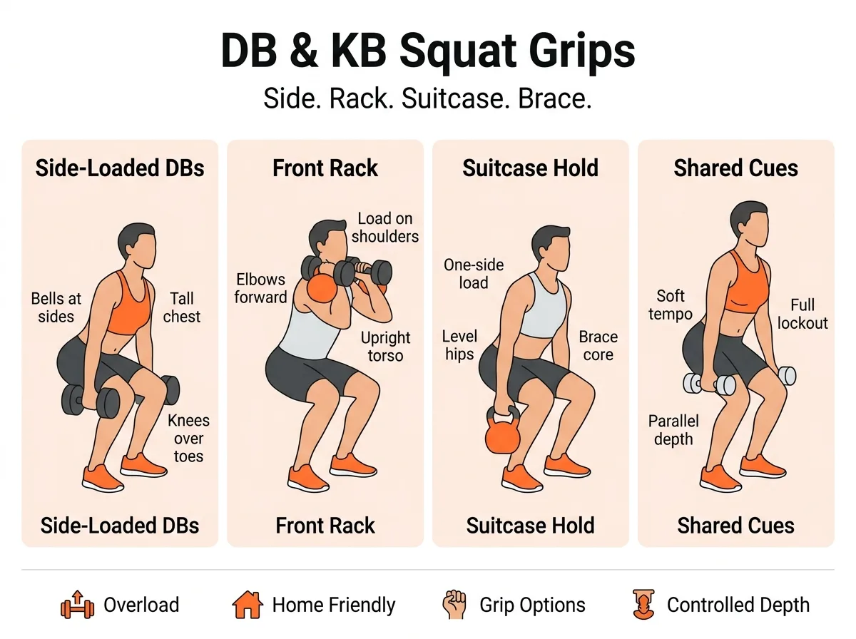 Dumbbell and kettlebell squat grip cues