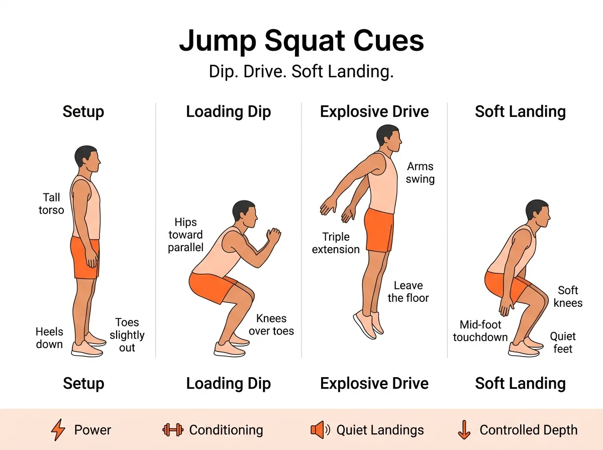 Jump squat teaching cues: setup, explosive drive, soft landing